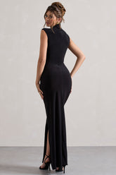 Black Ruched High-Neck Maxi Dress With Split